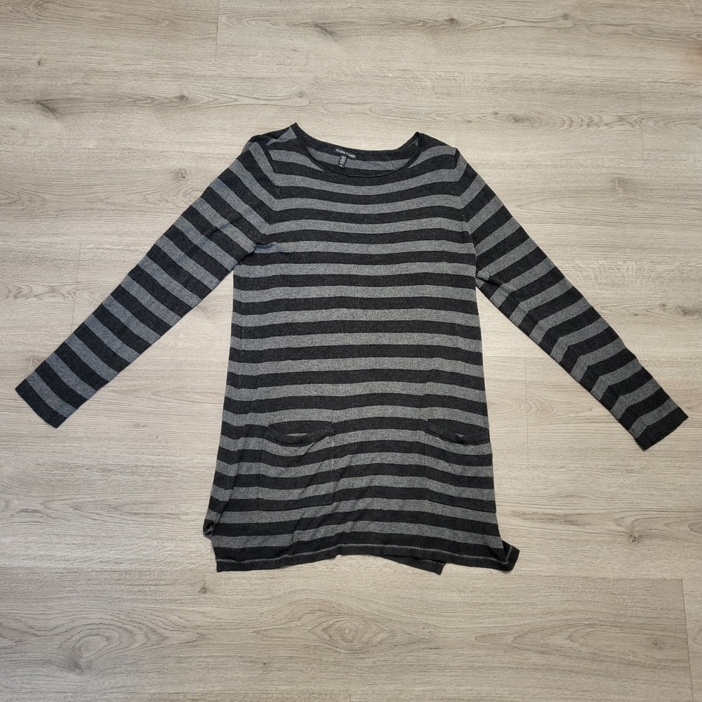 EILEEN FISHER‎ Gray Striped Long Sleeve Lagenlook Tunic Top Pockets size Large